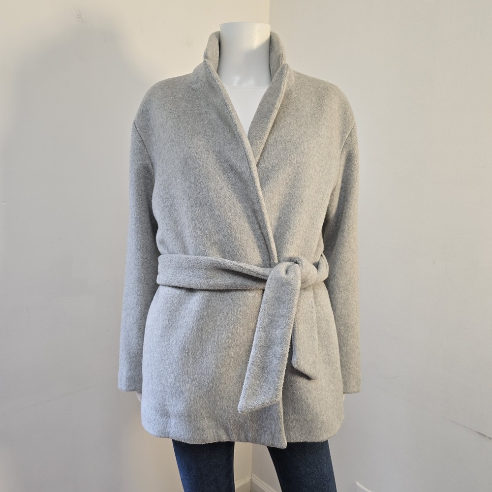 Gap Wrap Coat Belted Size L Womens Wool Blend Pockets Brushed Heathered Gray